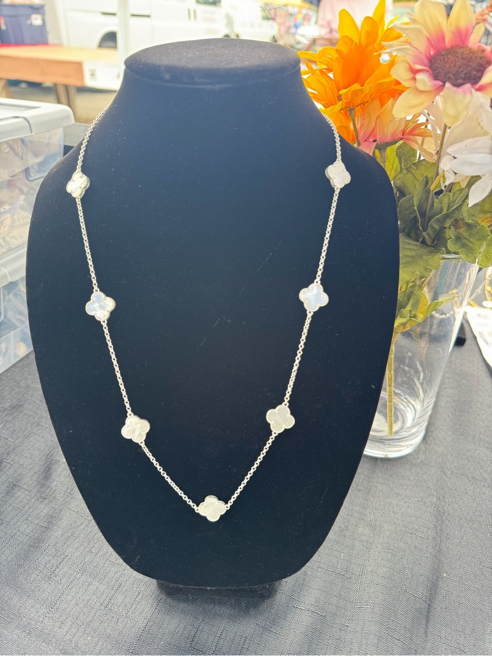 Silver Clover-Accent Long Necklace - White silver sterling 925 - Picture 2 of 3